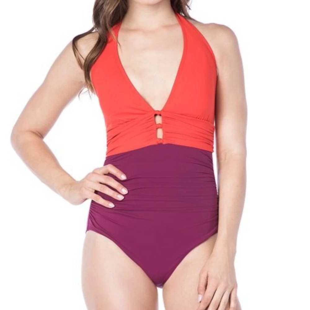 NWT Size 12 Ralph Lauren Red Swimwear with Gold Accent
